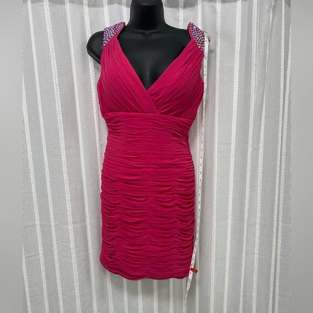 Hot Pink & Iridescent Beads Sleeveless Rouched Bodycon Homecoming Prom Dress S/M